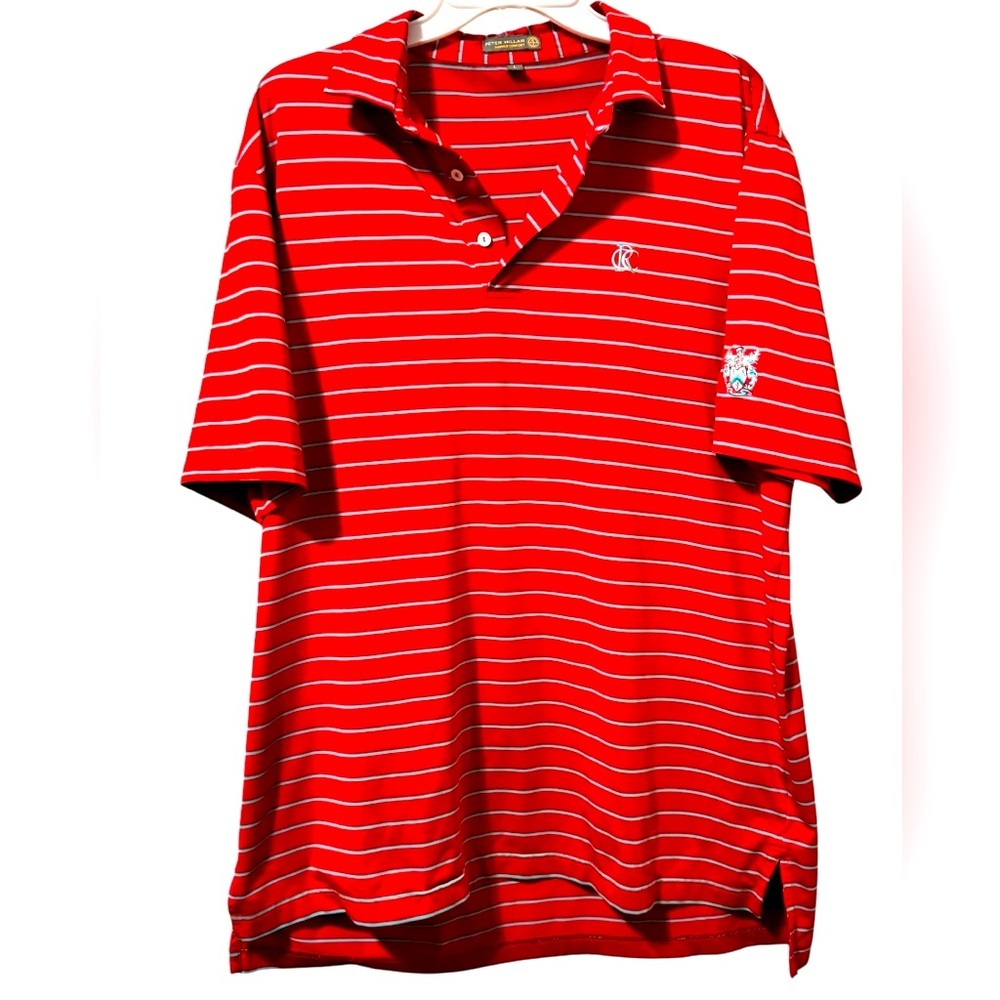 Peter Millar Men’s Summer Comfort Red Blue Striped Golf Polo Shirt Size Large
